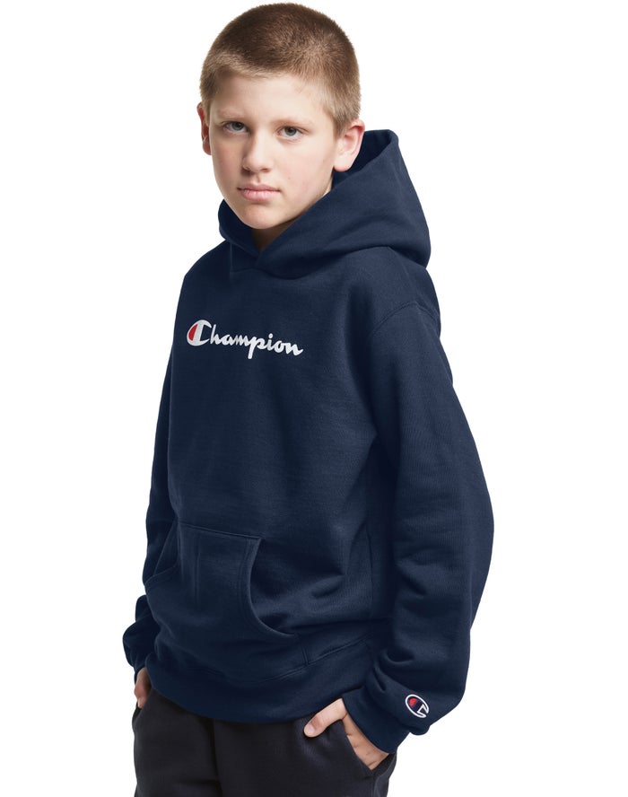 Champion Boys Hoodie NZ - Pullover Script Logo Navy ( 7612-DZWIH )